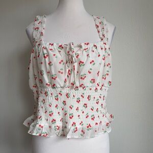 Rue 21 Babydoll Cherry Milkmaid Peplem Tie Key Hole Top White Size L